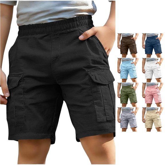 Spring & Summer Kids Boys Cotton‑Linen Cargo Shorts, Elastic Waist Side Cargo Pockets Lightweight Casual Outdoor Hiking Shorts 4‑13Y