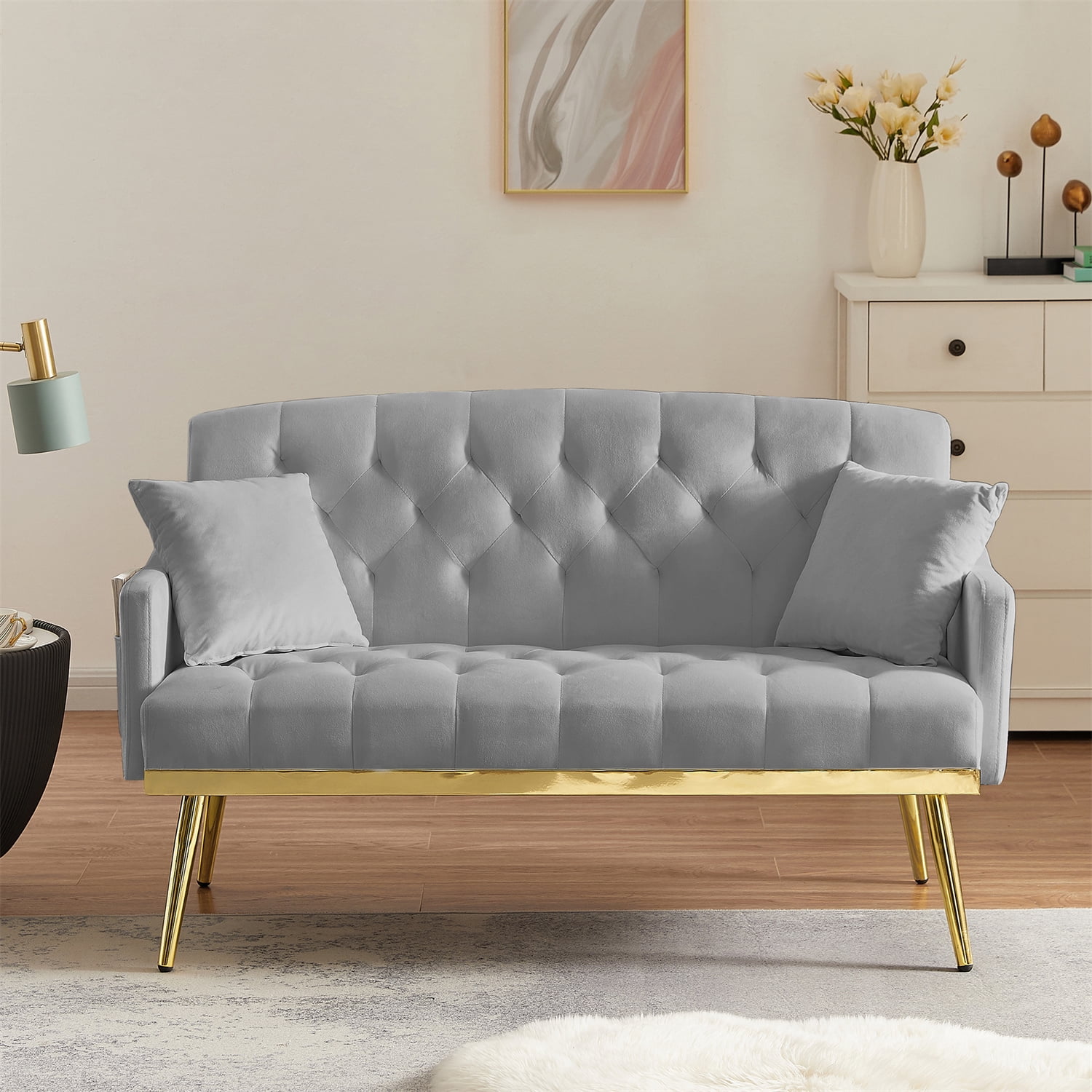 Loveseat Sofa with 2 Pillows, Upholstered Couches with Gold Metal Legs