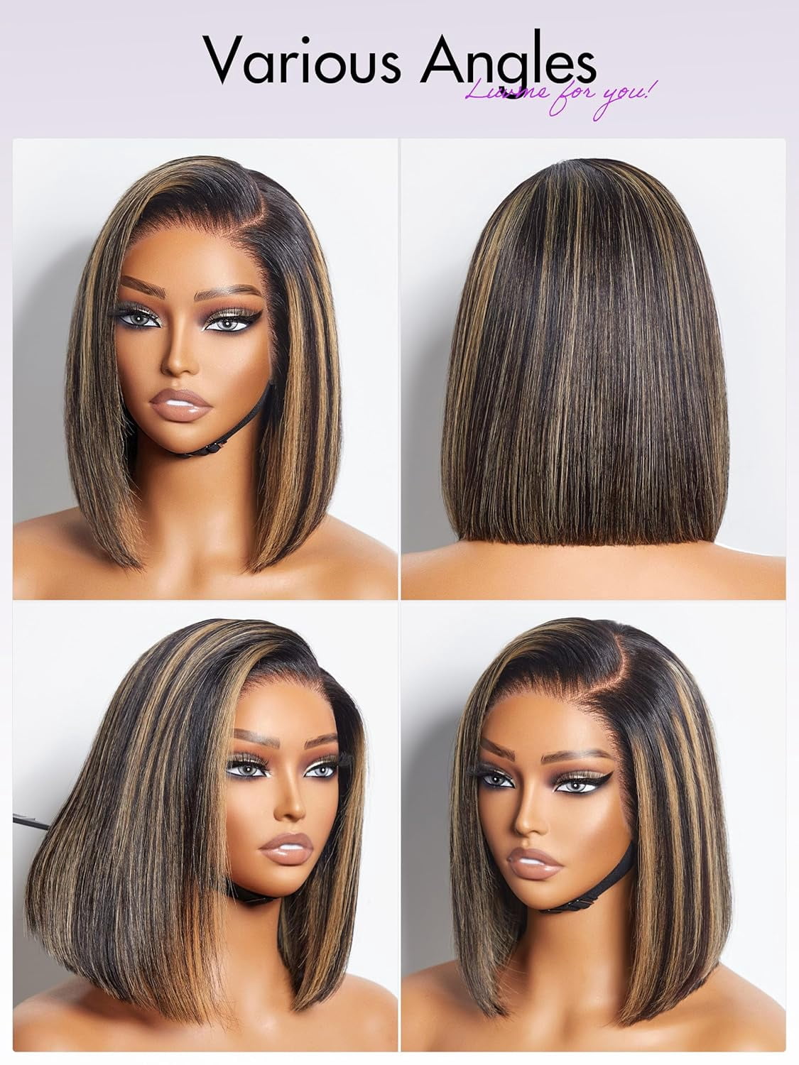 LUVME 12" HAIR Ombre Blonde Highlight Silky Straight Glueless Pre Cut Lace Bob Wig for Women