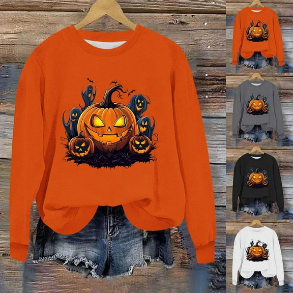 BiZtdJrK Women Halloween Pumpkin Sweatshirt Long Sleeve Novelty Graphic Pullover Tops Fashion Funny Sweat Shirts Black XXL