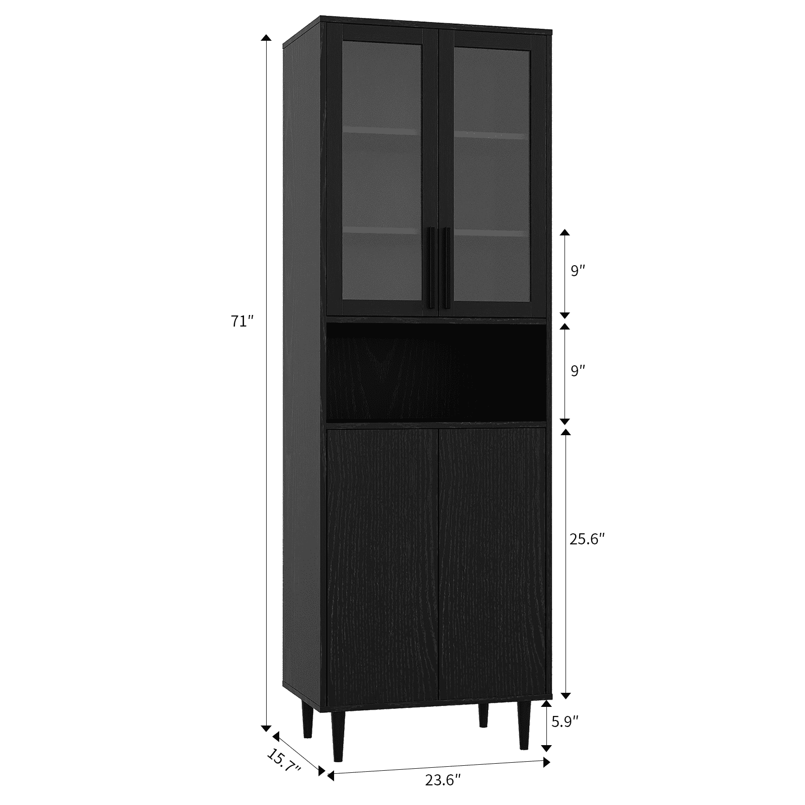 RichYa 71"H Tall Bookcase with Glass Door,4 Doors Display Bookshelf with Metal Legs,6 Tier Storage Cabinets for Living Room,Home Office,Black