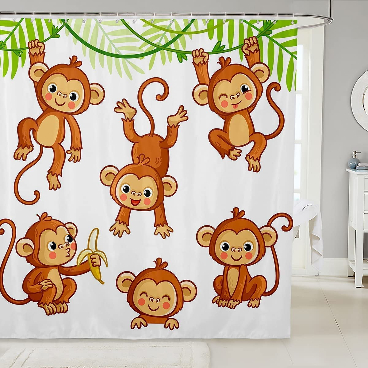 Kids Cute Monkeys Shower Curtains Boys Girls Cartoon Monkey Banana Decor Cartoon Fabric Bathroom