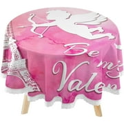 SKYSONIC Pink Eiffel Tower Angel Round Tablecloth 60inch Indoor Wrinkle Free, Be My Valentine Circular Lace Table Cover Washable for Kitchen Dining Decor