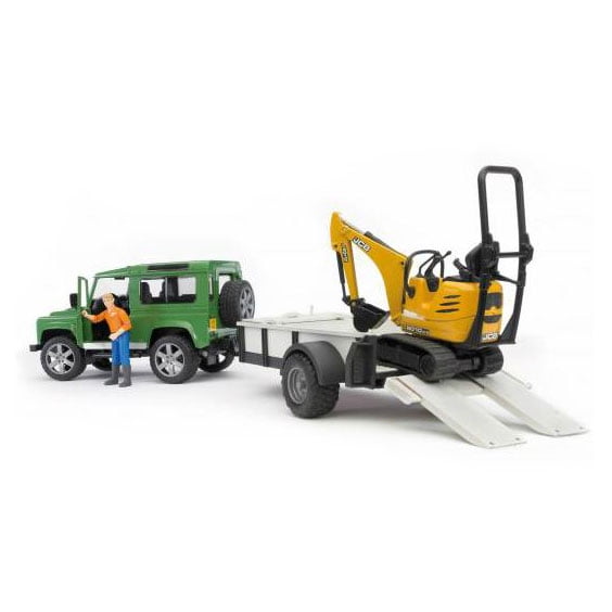 Bruder 02593 Land Rover w/ Trailer, Worker and JCB Excavator