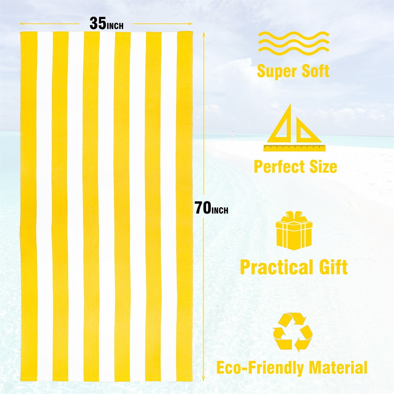 Large Oversized Beach Towel - Big Size Cotton 35 x 70 Inch Striped Pool Towel, Large Cabana Soft Swimming Towel for Adult Men Women, (Yellow)