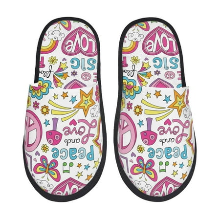 Balery Peace Love and Dove Flower Power Slient Indoor Furry Fleece Comfort House Shoes Soft Non-Slip Home Shoes Cotton slippers House Slippers-- Large