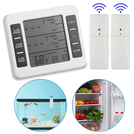 Refrigerator Thermometer, Wireless Indoor Outdoor Digital Thermometer, 2 PCS Remote Sensor Temperature Monitor Gauge with Audible Alarm, Min/Max Record for Home Fridge Freezer (Battery not