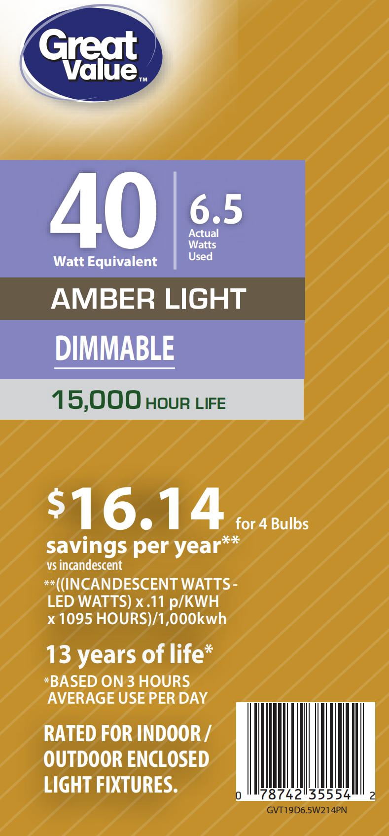 Great Value Vintage 6.5W LED Edison Light Bulbs, 40W Eqv, Clear Glass, ST19 Filament E26 Base, 4PK