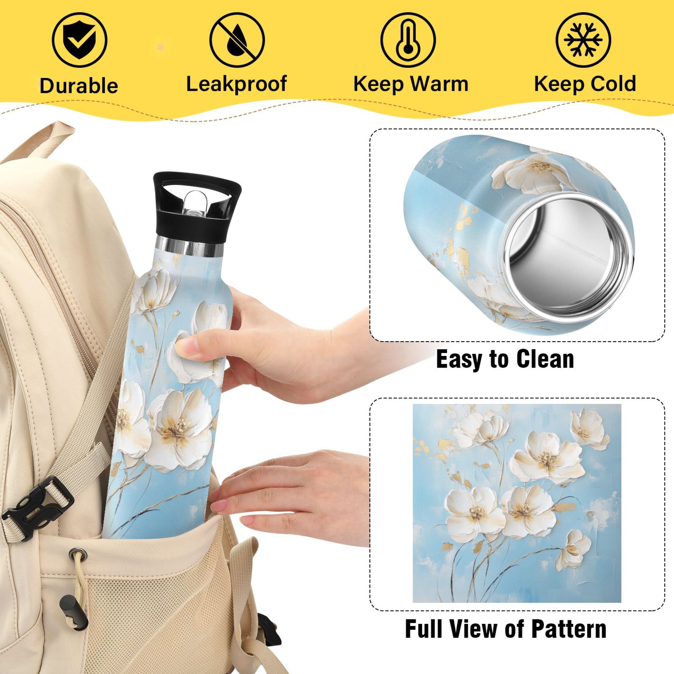 Kids Insulated Stainless Steel Sports Water Bottle 600ml (20oz) Elegant White Flowers
