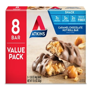 Atkins Snack Bar, Caramel Chocolate Nut Roll, Keto Friendly, 8 Count