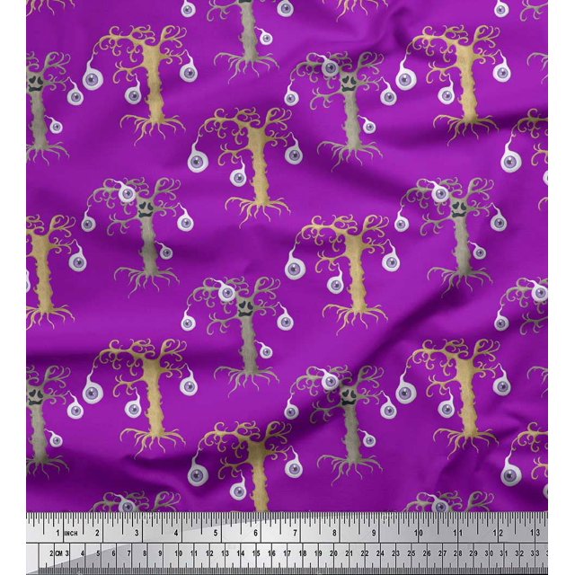 Soimoi Purple Poly Georgette Fabric Eyes & Artistic Tree Print Fabric by the Yard 52 Inch Wide