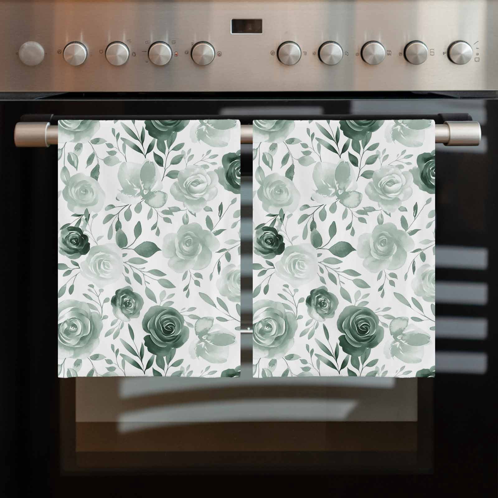 Sage Green Flower Kitchen Towels Set of 2, Water Absorbent Dish Towel, Vintage Rose Floral Botanical Leaf Decorative Hand Towels - Quick Drying Cloth for Cooking Baking, 18x28 Inch