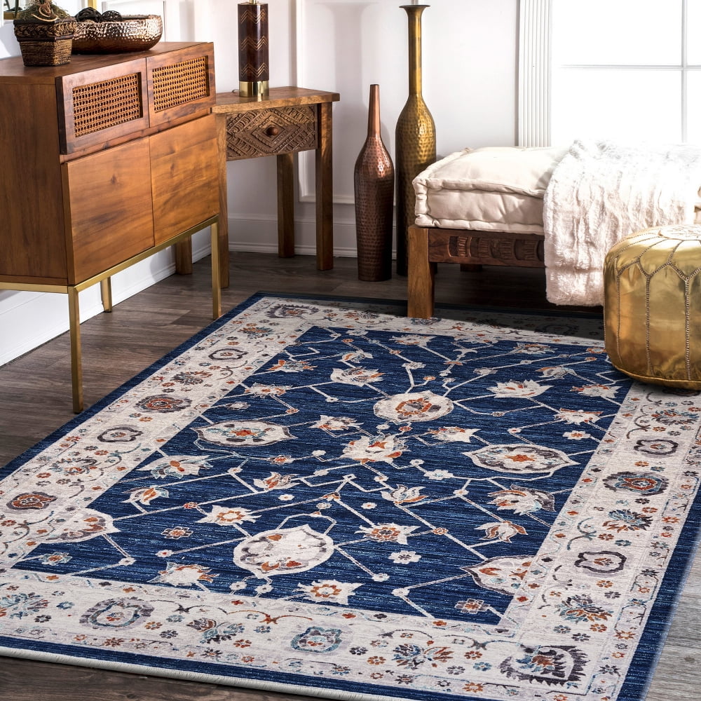 LR Home Traditional Oriental Navy & Cream 9x12 Large Rectangle Area Rug