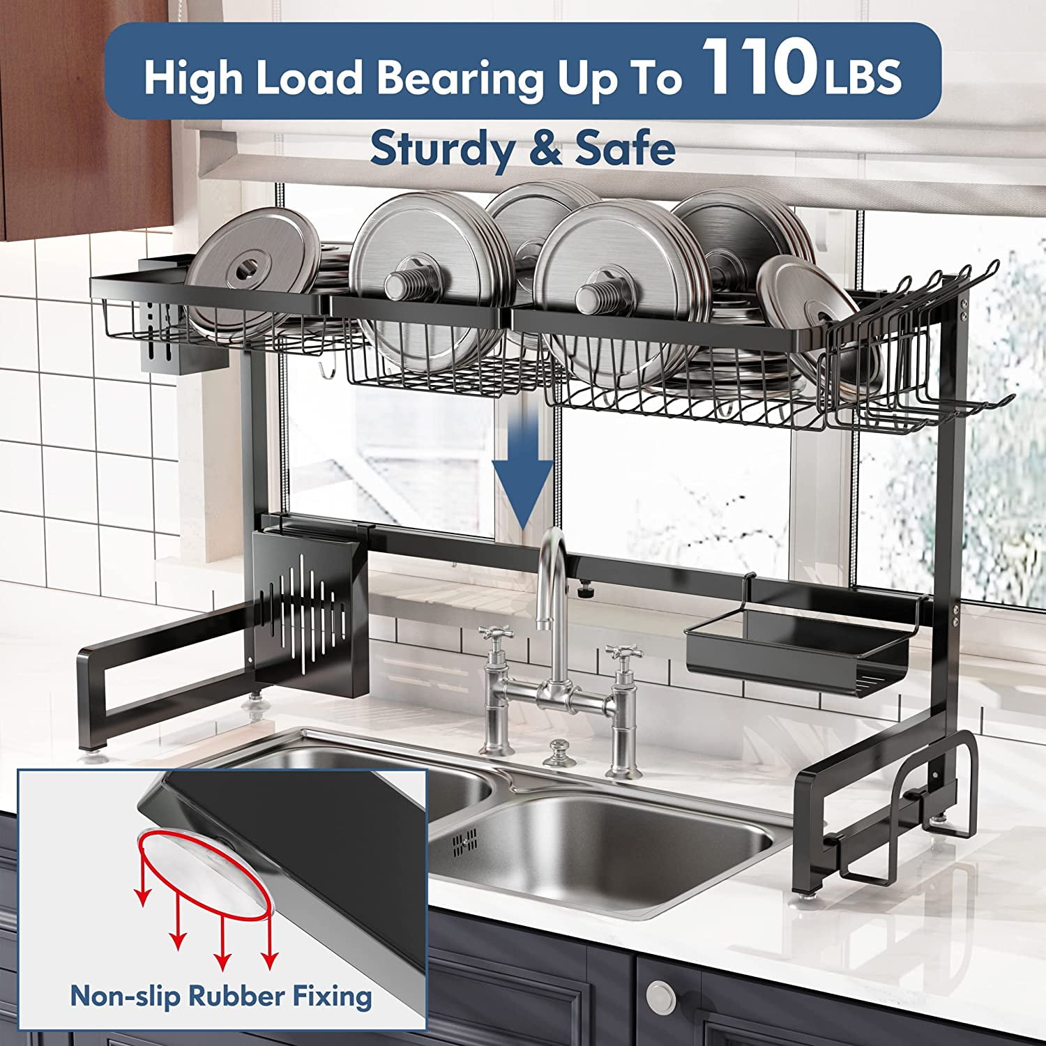 Over The Sink Dish Drying Rack, Adjustable (25.5 to 33.5 inch) 2 Tier Metal  Steel Dish Drying Racks for Kitchen Counter with Hooks Paper Towel Utensil