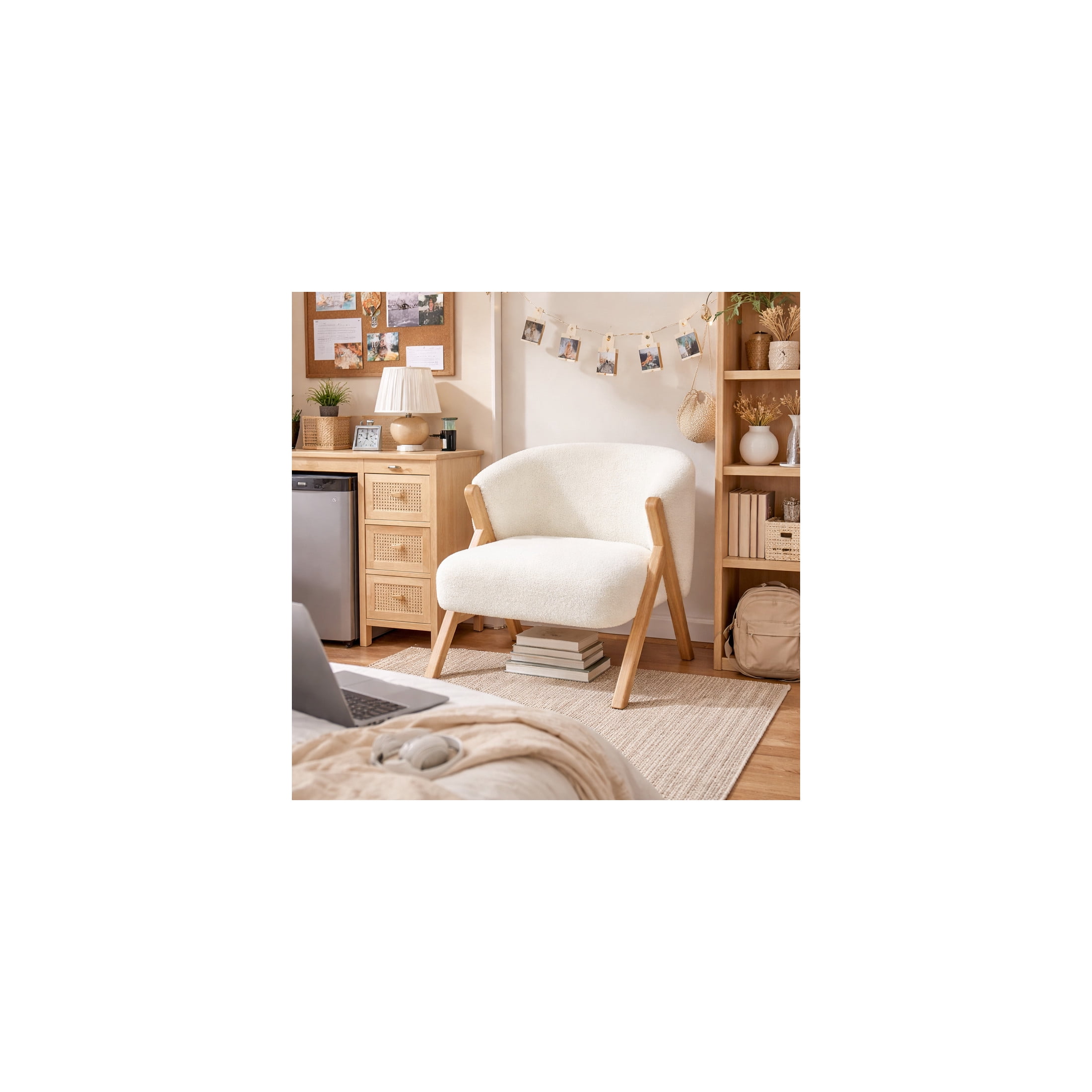 DecMode Polyester Rounded Boucle Lounge Chair with Angled Wooden Legs, White