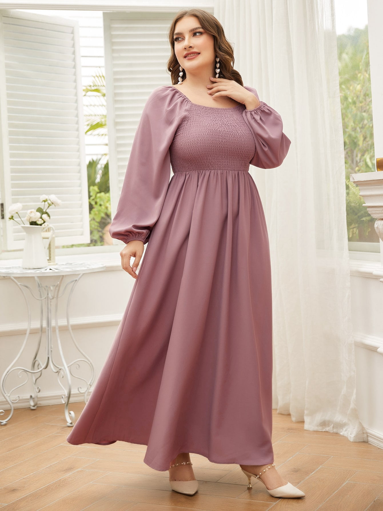 Plus Size Lantern Sleeve Shirred Maxi 