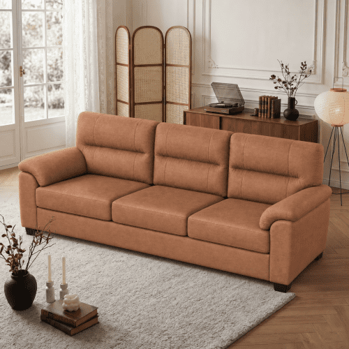 3-Seat Tech Fabric Sofa with Wide Thick Armrest Pillows, Vintage Mid-Century Couch with Deep Plush Seating for Living Room Light Brown
