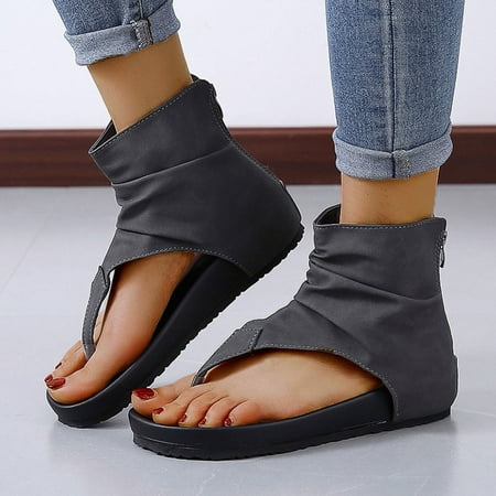 

NEGJ Summer Women Suede Flat Open Toe Breathable Sandals Zipper Casual Beach Shoes