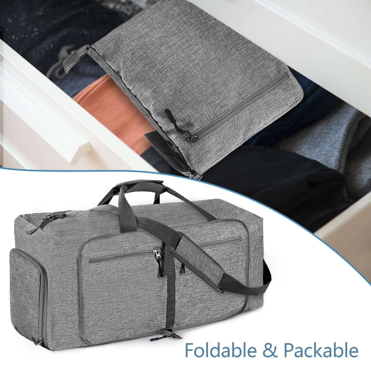 Spencer 85L Travel Duffel Bag for Men, 27" Extra Large Sport Duffle Bag Foldable Weekender Bag with Shoes Compartment, Overnight Carry on Bag Waterproof & Tear Resistant, Gray