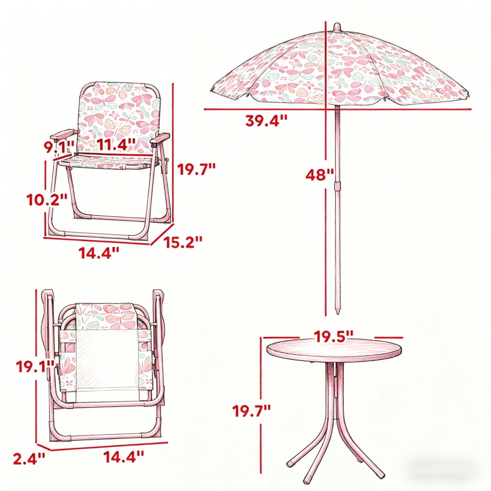 Pink Kids 4-Piece Outdoor Set (Table + 2 Chairs + Umbrella) - Butterfly Design, Foldable & Safe for 2-5 Years Old