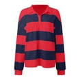 thumbnail image 4 of Women Striped Color Block Polo Sweatshirt Lapel Collared Long Sleeve Oversized Shirt Trendy Spring Clothes (Red M), 4 of 5