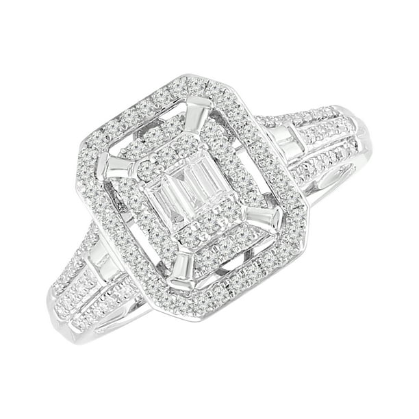 1/2 cttw Emerald Cut Diamond Composite Halo Engagement Ring in 10K