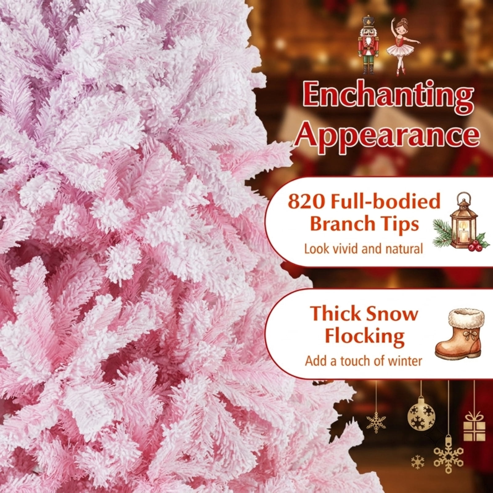 RUIE 6FT White & Pink Gradient Artificial Christmas Tree, 820 Snow Flocked Branch Tips Hinged Xmas Tree with Folding Metal Stand for Bedroom Holiday