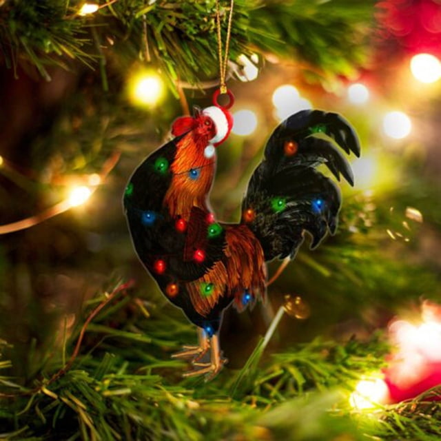 Colgante de pollo navideño 2023, colgante de gallo acrlico, adorno plano para rbol de Navidad