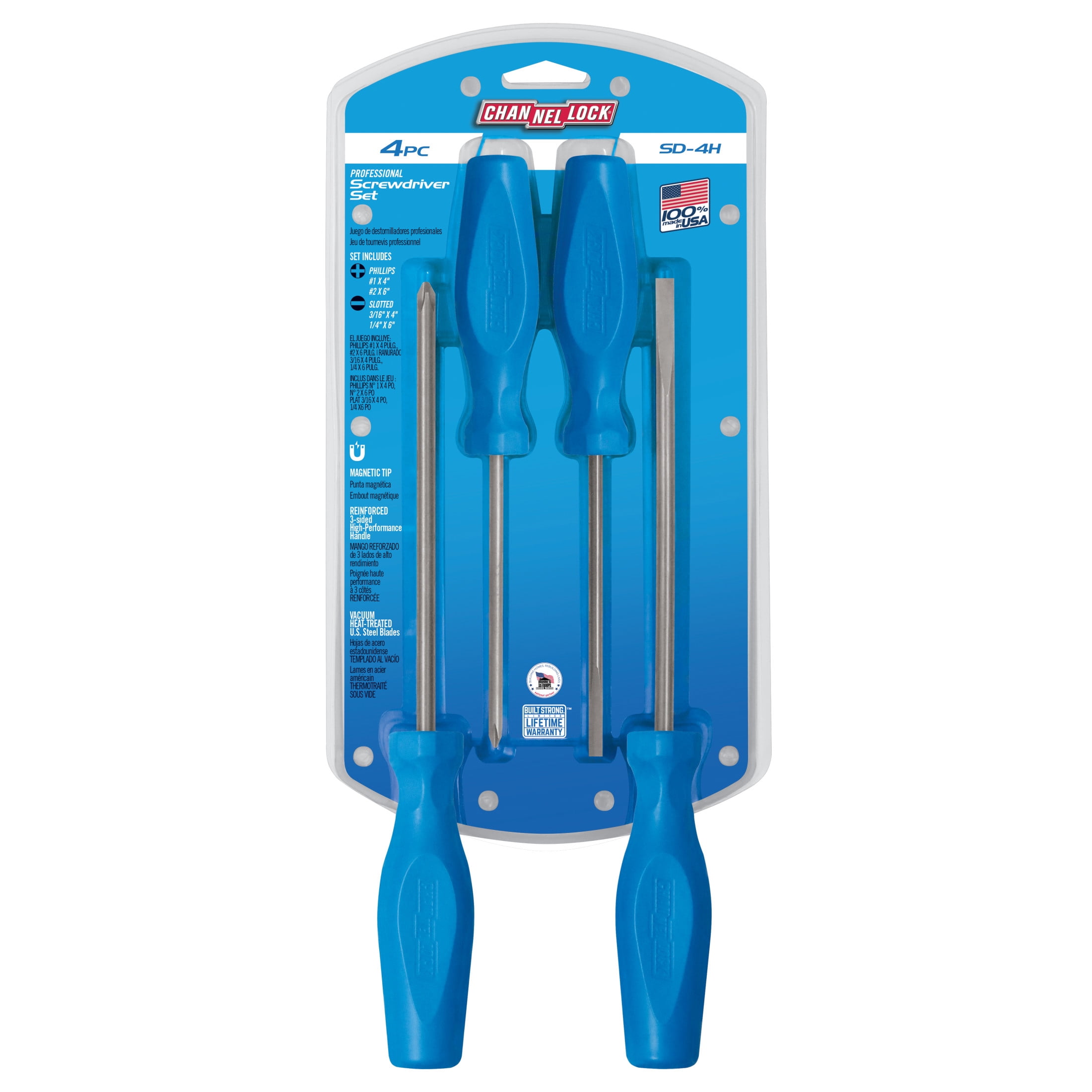 CHANNELLOCK Standard Screwdriver Set, Includes Phillips and Slotted Screwdriver, Precision Machined with Magnetic Tip & Tri-Lobe Grip, Ideal for Home Improvement, Made in USA, 4-tool set (SD-4H)