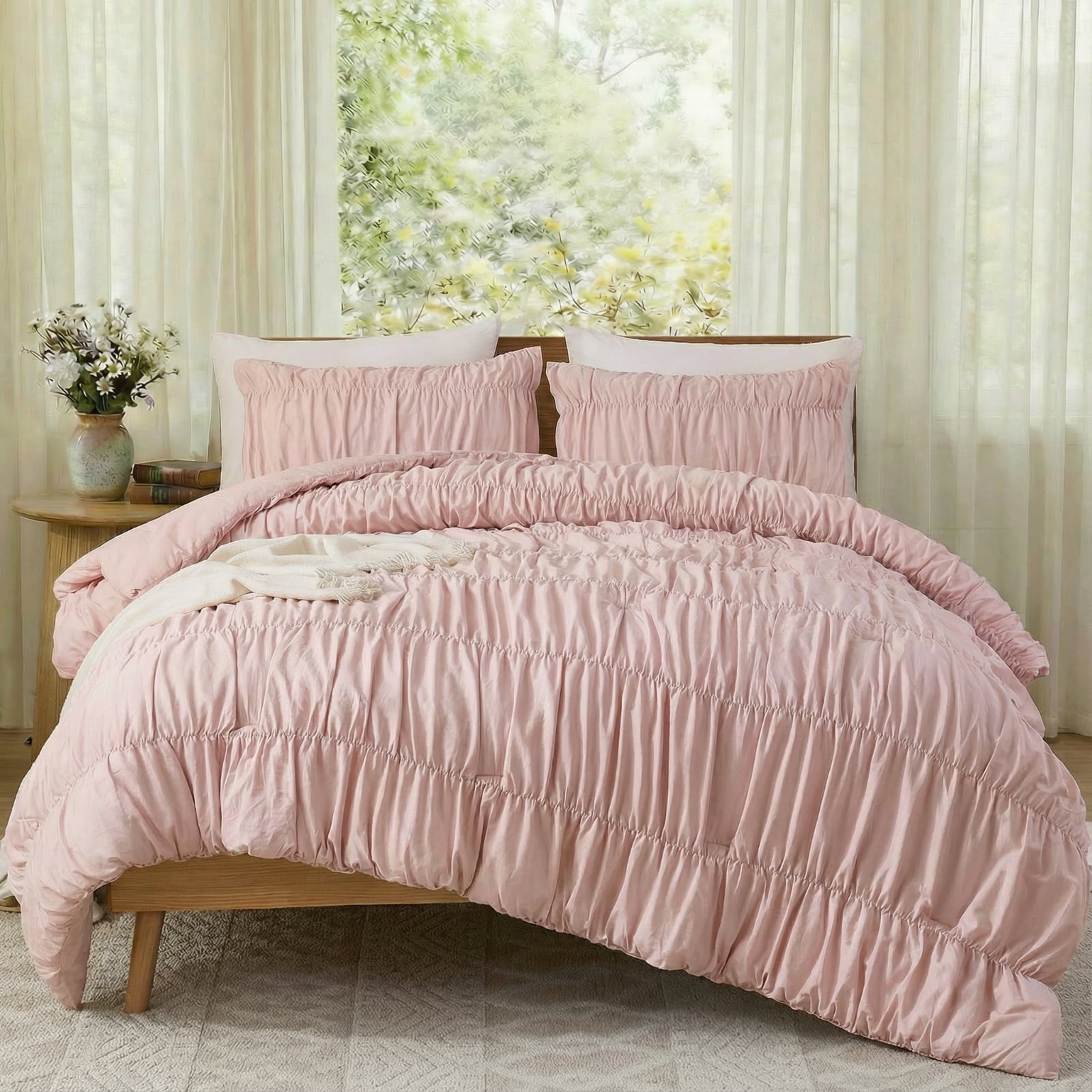 100% Cotton Pink Wrinkle Duvet Cover Set King Size,Ruched Bedding Comforter Cover,Shabby Chic Ruffled 3 Pcs Queen Duvet Cover Set,Bohemian Boho Bedding Set with 1 King Duvet  Cover 2 Pillowcases