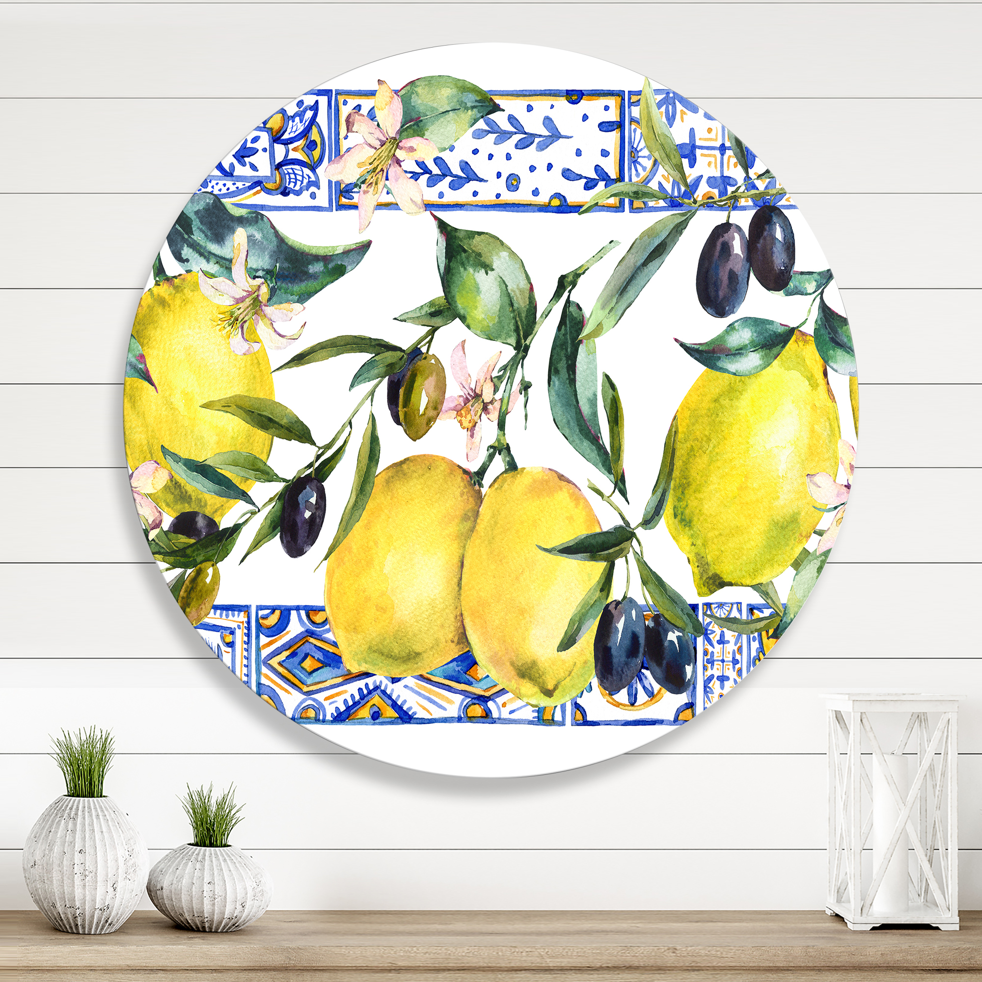 Designart 'Geometrical Pattern of Lemon Ornament On Blue II' Tropical Circle Metal Wall Art 11x11 - Disc of 11