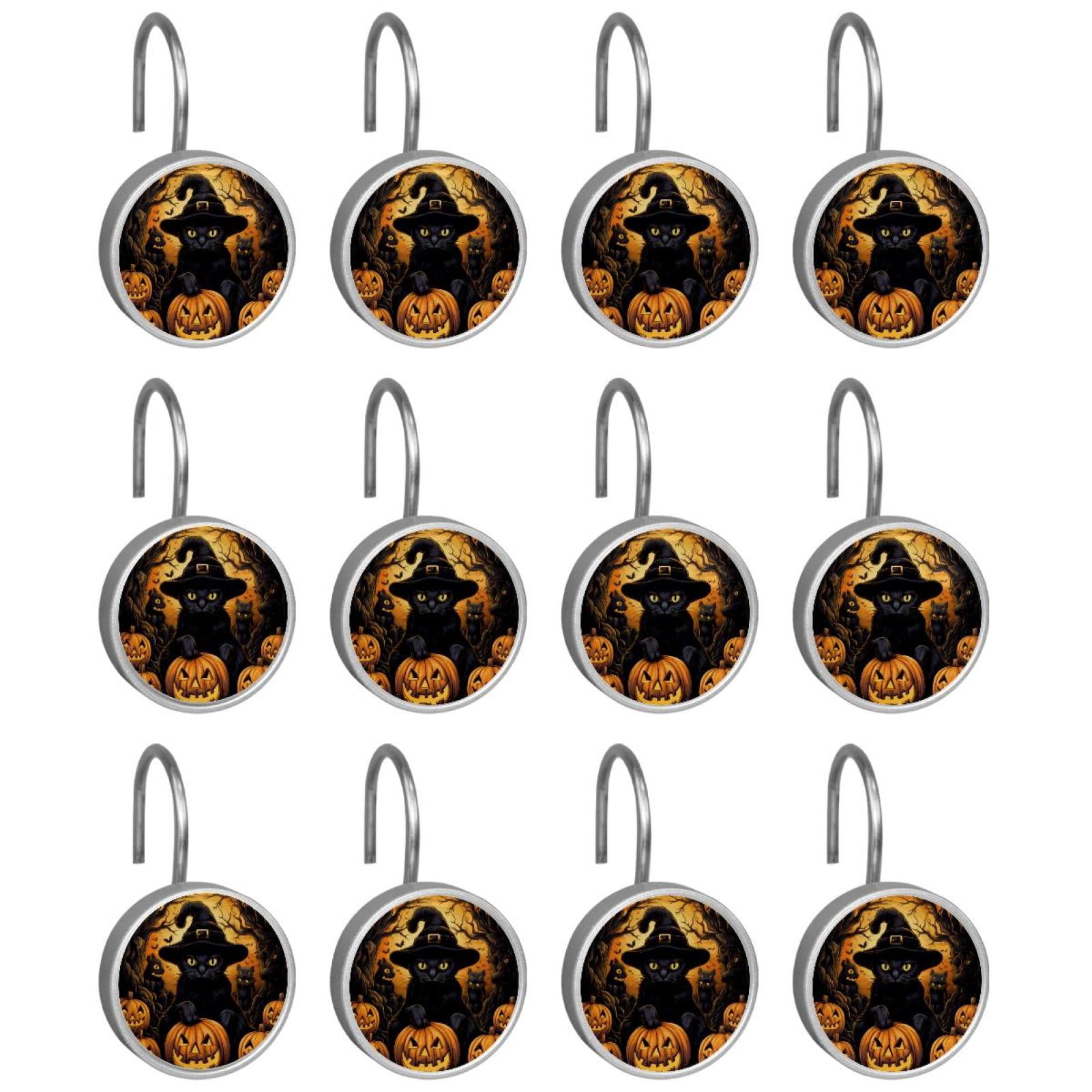 12pcs Decorative Shower Curtain Hooks, Rust Resistant Shower Rings for Bathroom Living Room,Rustproof Stainless Steel Rings for Shower Curtain and Liner Rods,Halloween Cat Q