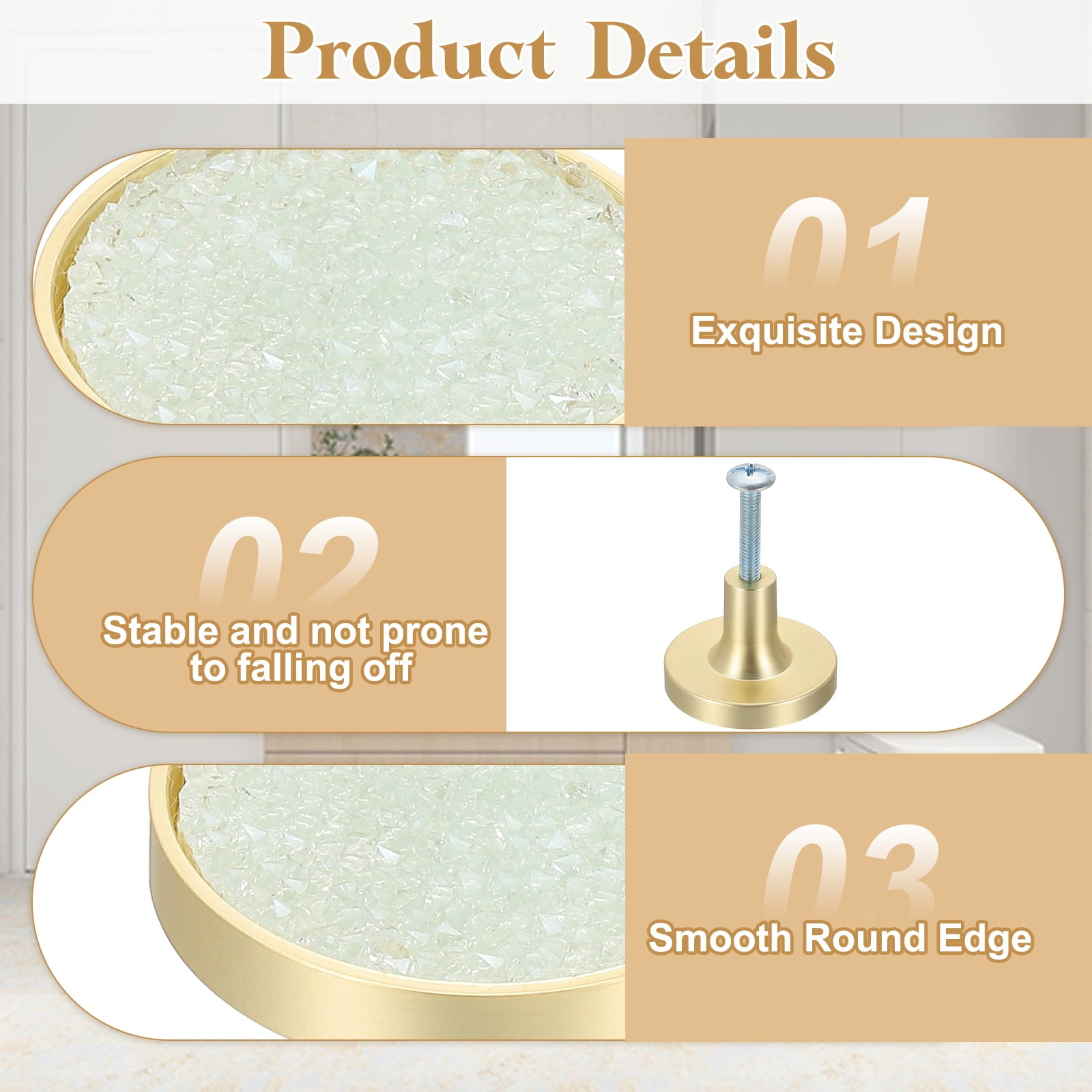 6Pack Gold Cabinet Knobs 1-1/4" Round Knobs Cabinet Handles, Diamond Light Blue
