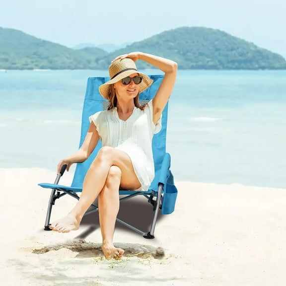 High Back Beach Chair, Portable Reclining Beach Chair for Adults 2-Pack with Carry Bag, Cup Holder, and Padded Armrests - Blue