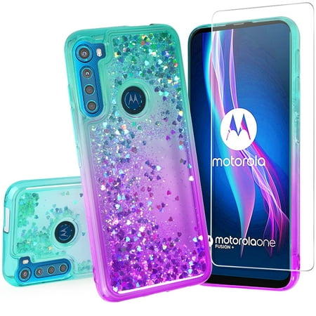 Moto One Fusion Plus Case with Tempered Glass Screen Protector SOGA Diamond Liquid Quicksand Cover Cute Girl Women Phone Case - Teal / Purple
