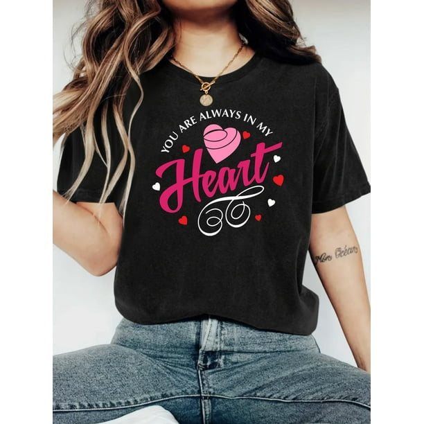 1pc, Women's "You Are Always in My Heart" Valentine's Day T-Shirt - Casual & Breathable 200gsm Polyester Crew Neck with Pink & Red Hearts Design - Lightweight All-Season Graphic Tee