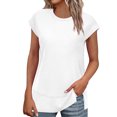 thumbnail image 3 of Conjuntos de maestra/o,Camiseta informal para mujer, holgada, cuello redondo, manga corta, blusa de poliéster con abertura lateral, color liso para uso diario, sopatenor, 3 of 9