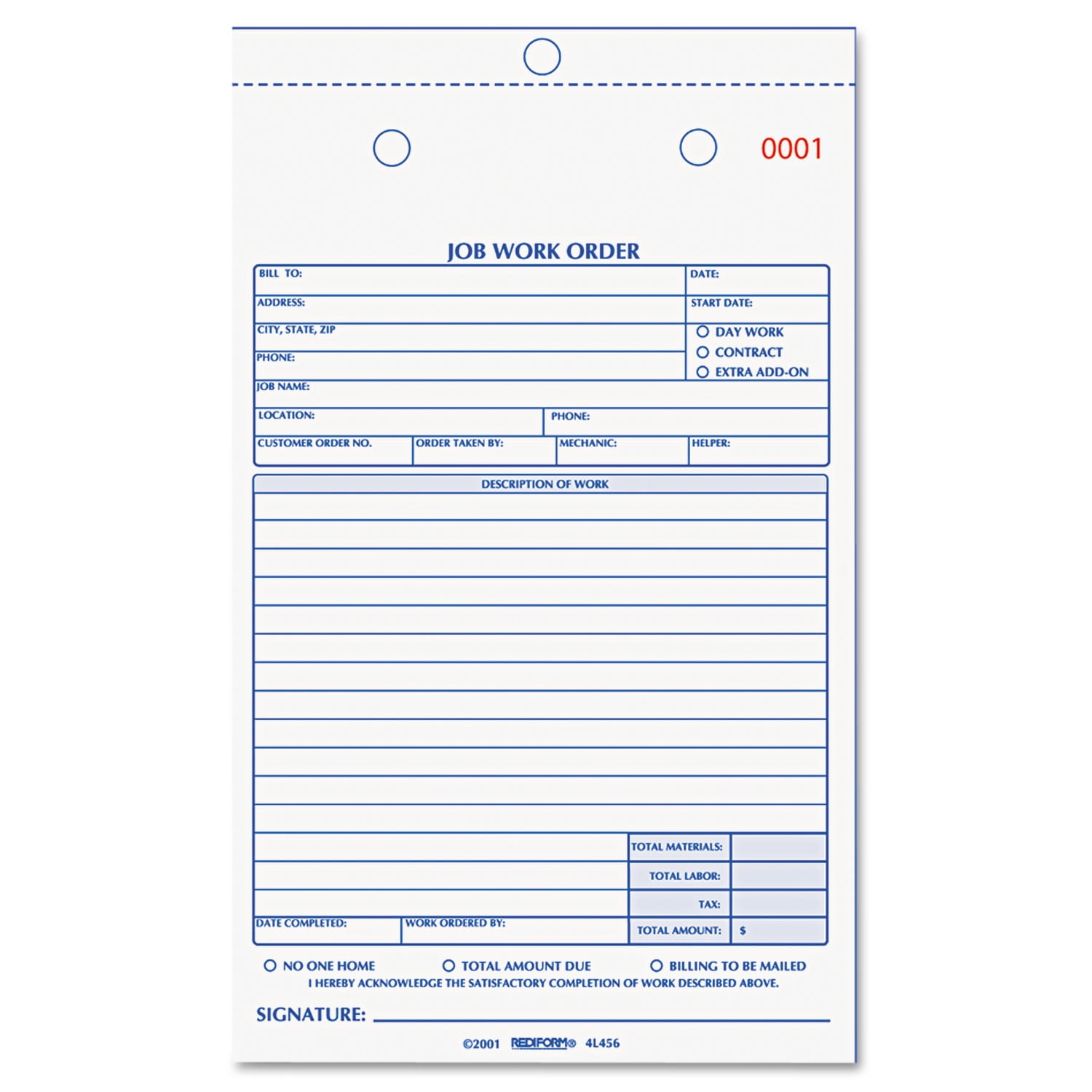Rediform, RED4L456, 2-part Job Work Order Book, 1 Each