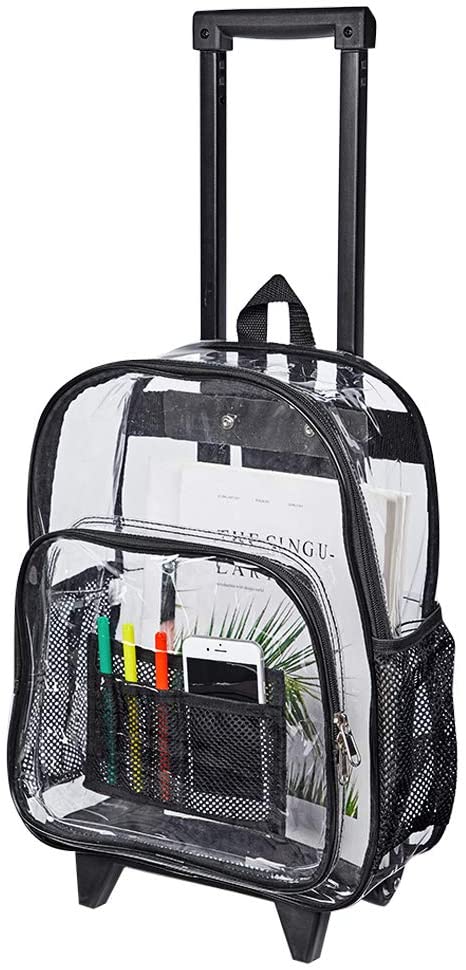 Rolling Clear Backpack, Heavy Duty See Through Bookbag, Transparent PVC
