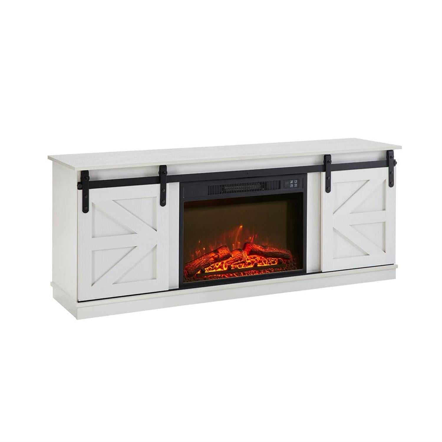 Demi Bonn Modern Fireplace TV Stand for Television up to 65" with Storage and Farmhouse Sliding Barn Doors, Entertainment Center with Cabinet and Shelves, White