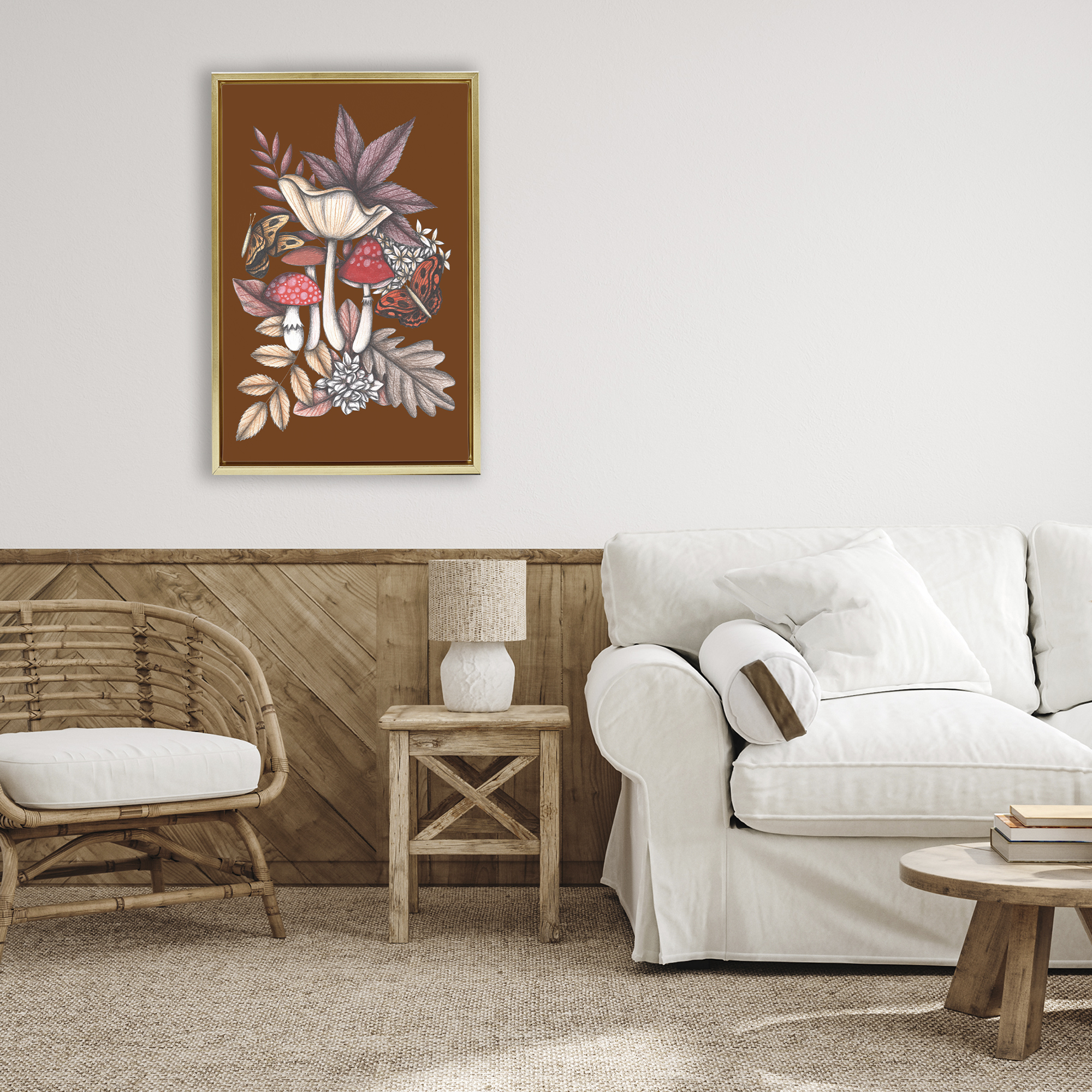 Autumn Mushrooms Magic Gold Framed Floater Canvas Wall Art, design by Cecilia Battaini
