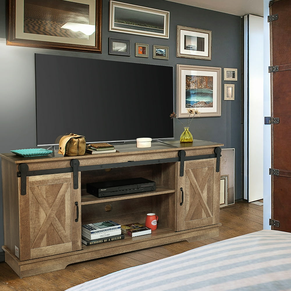 Jaxpety 58" Farmhouse Sliding Barn Door TV Stand for TVs up to 65
