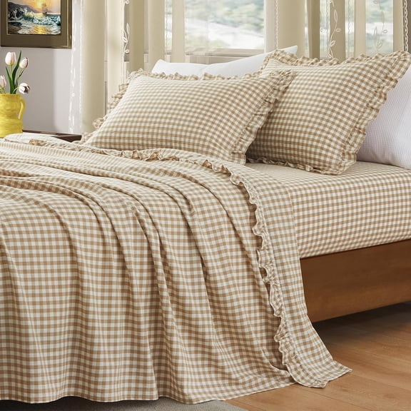 3 Pieces Ruffle Gingham Sheets Set Twin Size, Taupe Plaid | Cotton Fabric, Soft & Breathable Linen-Feel, Ruffed Bed Sheet Set with 16 Inch Deep Pocket, Retro Ruffle Design