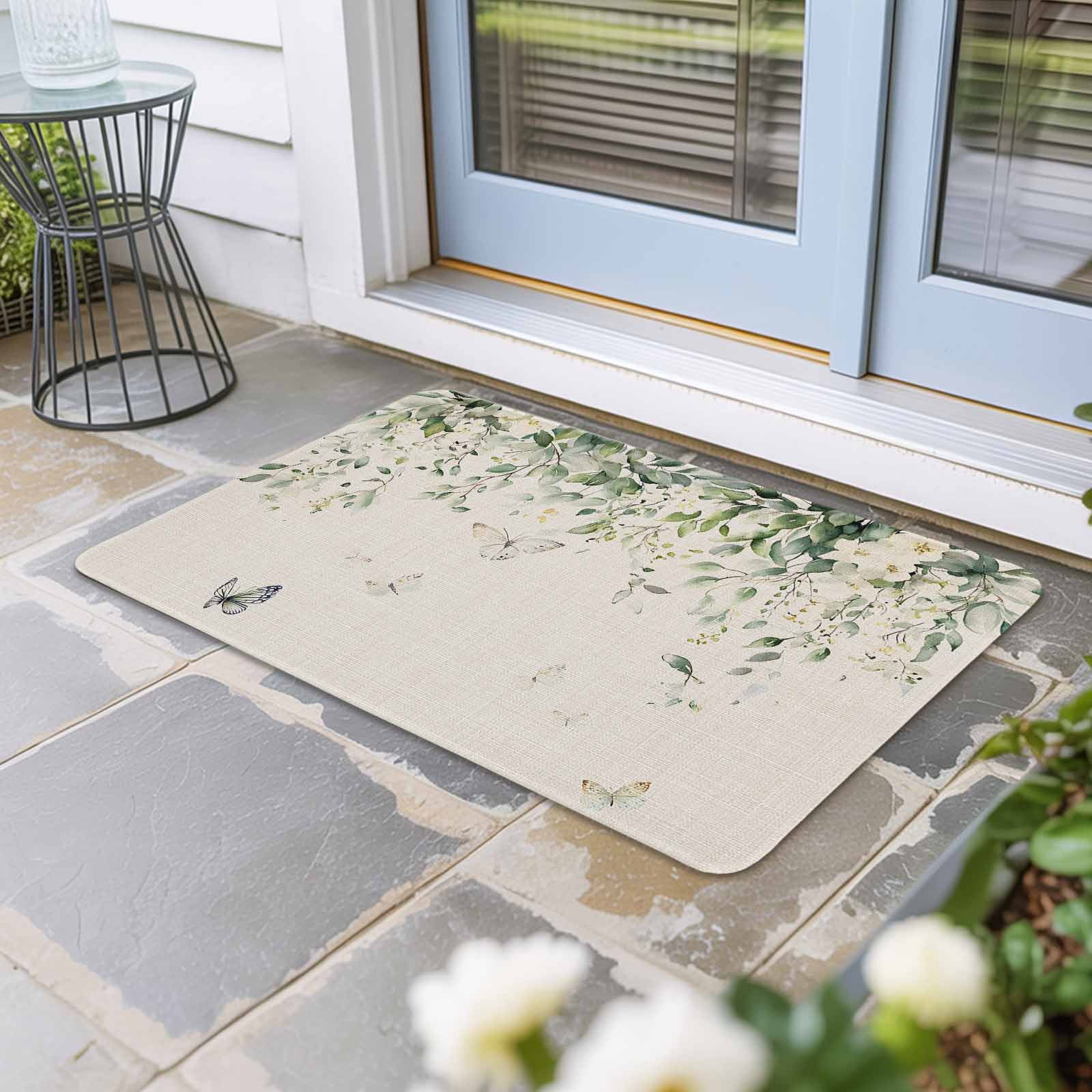 Eucalyptus Leaves Door Mat Indoor Outdoor, Farmhouse Botanical Vines Butterfly Non Slip Welcome Mat with Rubber Backing, Absorbent Fabric Front Door Mats Entryway Rug for Home Patio Entrance 24"x36"