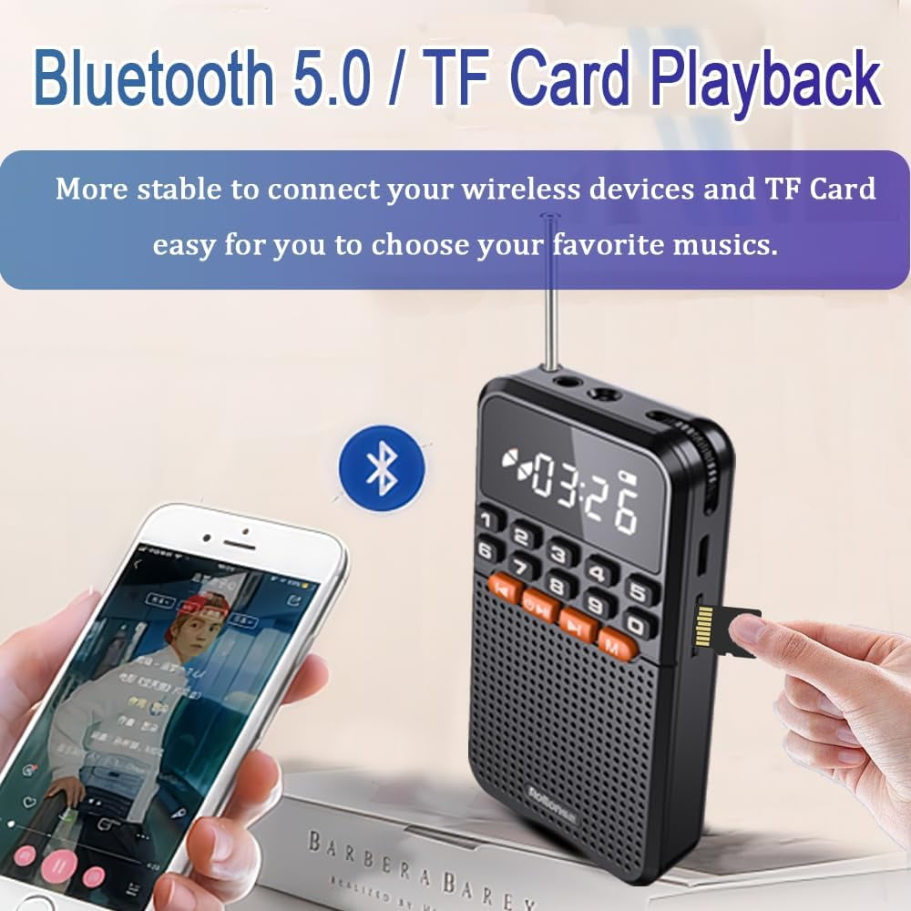 Portable FM Radio with Bluetooth and TF Card Socket, Rechargeable Pocket Radio with Best Reception,Auto Scan, LED Display, Emergency Flashlight for Outdoor Indoor (No AM)