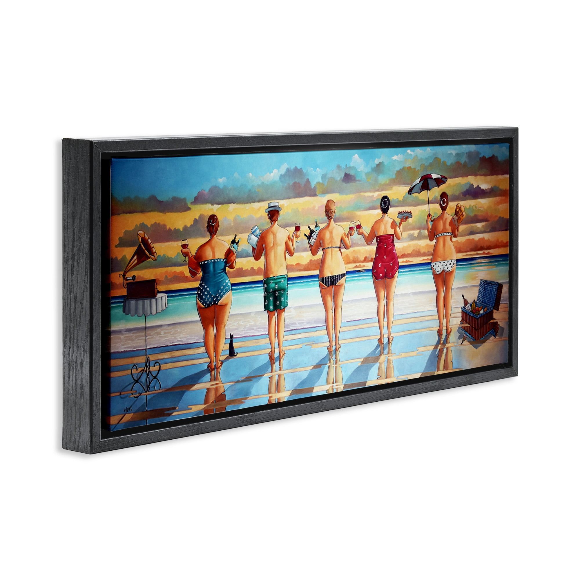 Stupell Industries Beach Friends Coastal Summer Fun Nature Painting Black Floater Framed Canvas Art Print Wall Art, 25 x 11