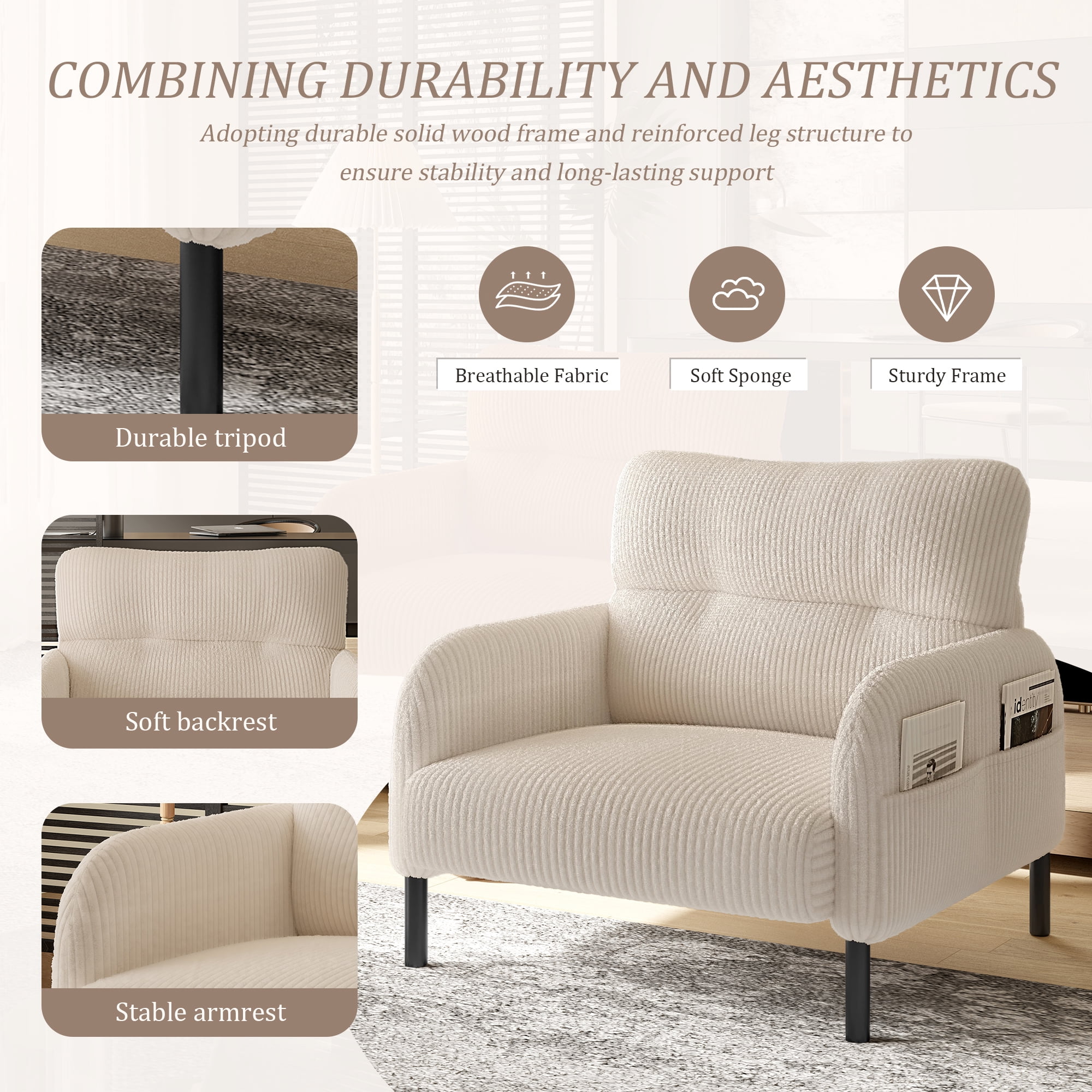 MOONMISS Corduroy Upholstered Comfortable Single Wood Frame Armchair for Living room and Bedroom-Beige