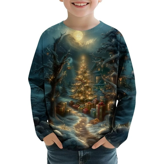 Boys Girls Christmas Top Kids' Christmas Tree Printed T-shirt Long Sleeve Crew Neck Pullover Festive Holiday Shirt