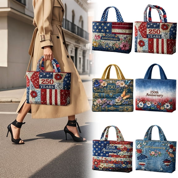 HomelyJoy 250th Anniversary Quilted Canvas Tote Bag, Patriotic Shoulder Bag for Daily Shopping, Travel and Commuting