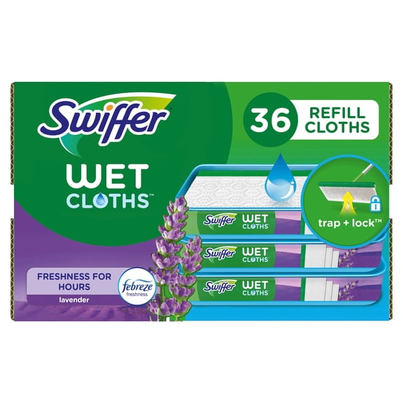 Swiffer Mop & Go, Wet Pads Refill, Floor Cleaner, Cleaning Cloths, Lavender, 36 Count
